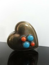 ANTIQUE HEART FORM BRASS TURQUOISE CORAL PASTE CABOCHONS LITTLE BOX