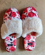 VICTORIA'S SECRET SATIN ROSE FAUX FUR TRIM SLIPPERS SIZE S 5-6 NWT
