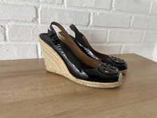 Tory Burch Black Patent Lather Sandals Wedge Peep toe Shoes Sz 9.5