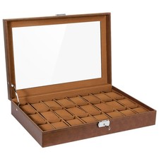 24 Slots Watch Box PU Leather Watch Case Organizer Lockable Jewelry Display Case