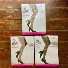 New ON THE GO 3 Pairs Vintage Ultra Sheer Toe Pantyhose Queen XL Platina NOS