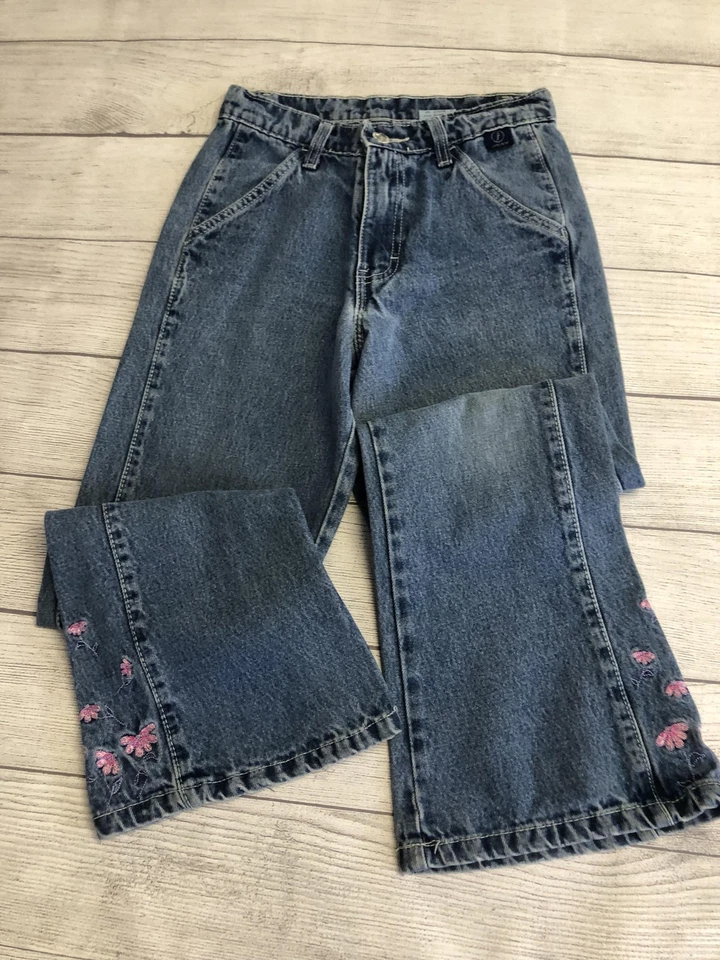 Jordache Jeans Girls Youth Size 12 Blue Denim Pink Embroidered Flowers 90s Y2K - Image 3 of 4