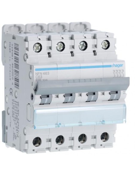 Disjoncteur 63A 4P Hager NFN463 Courbe C 6-10kA Protection Électrique Triphasée 4 Modules