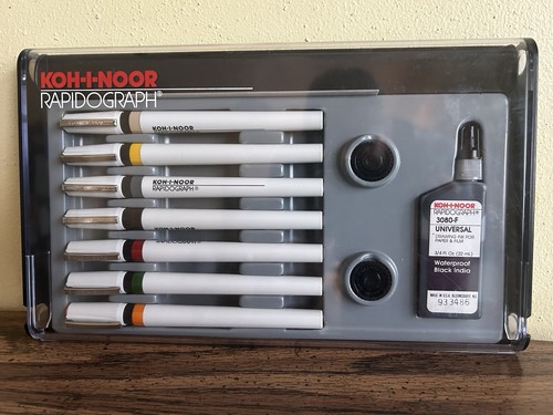 Koh-I-Noor Rapidograph Technical Pen Set w/ 7 Pens, 3080-F Ink & Case VGC