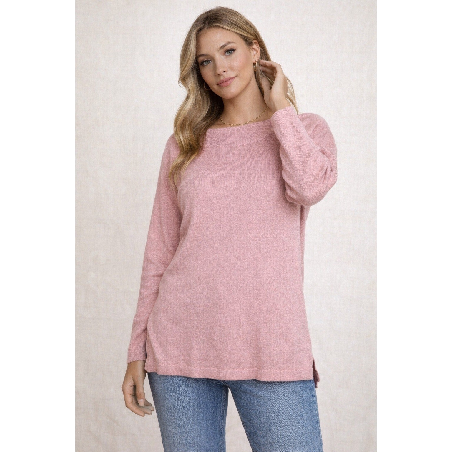 J. Jill Womens Rose Pink Cotton Blend Boatneck Tunic Sweater Large knit casual