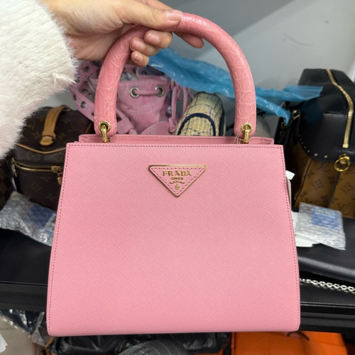 Prada Pink Saffiano Leather Top Handle Handbag Gold Hardware