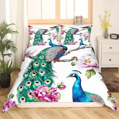 Colorful Peacock Duvet Cover Set Queen Size Tropical Wildlifes Bedding Set 3pcs