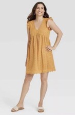 Knox Rose Women's Small, Sleeveless, Babydoll, Dress Mustard Yellow, Eyelet Lace