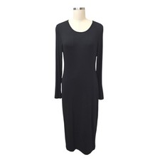 Quince Black Ribbed Long Sleeve Crew Neck Midi Dress Women's Size Large