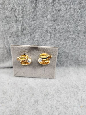 Tea Time Gold & White Novelty Pierced Earrings By Avon  Surgical Steel Posts