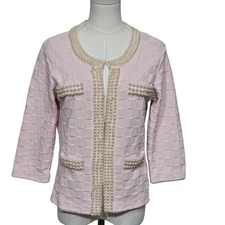 Michael Simon Jacket Womens Large Pink Pearl Embellished Knit 3/4 Sleeve Trim