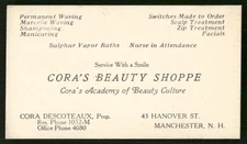 Vintage Cora's Beauty Shoppe Shop Manchester NH Business Card