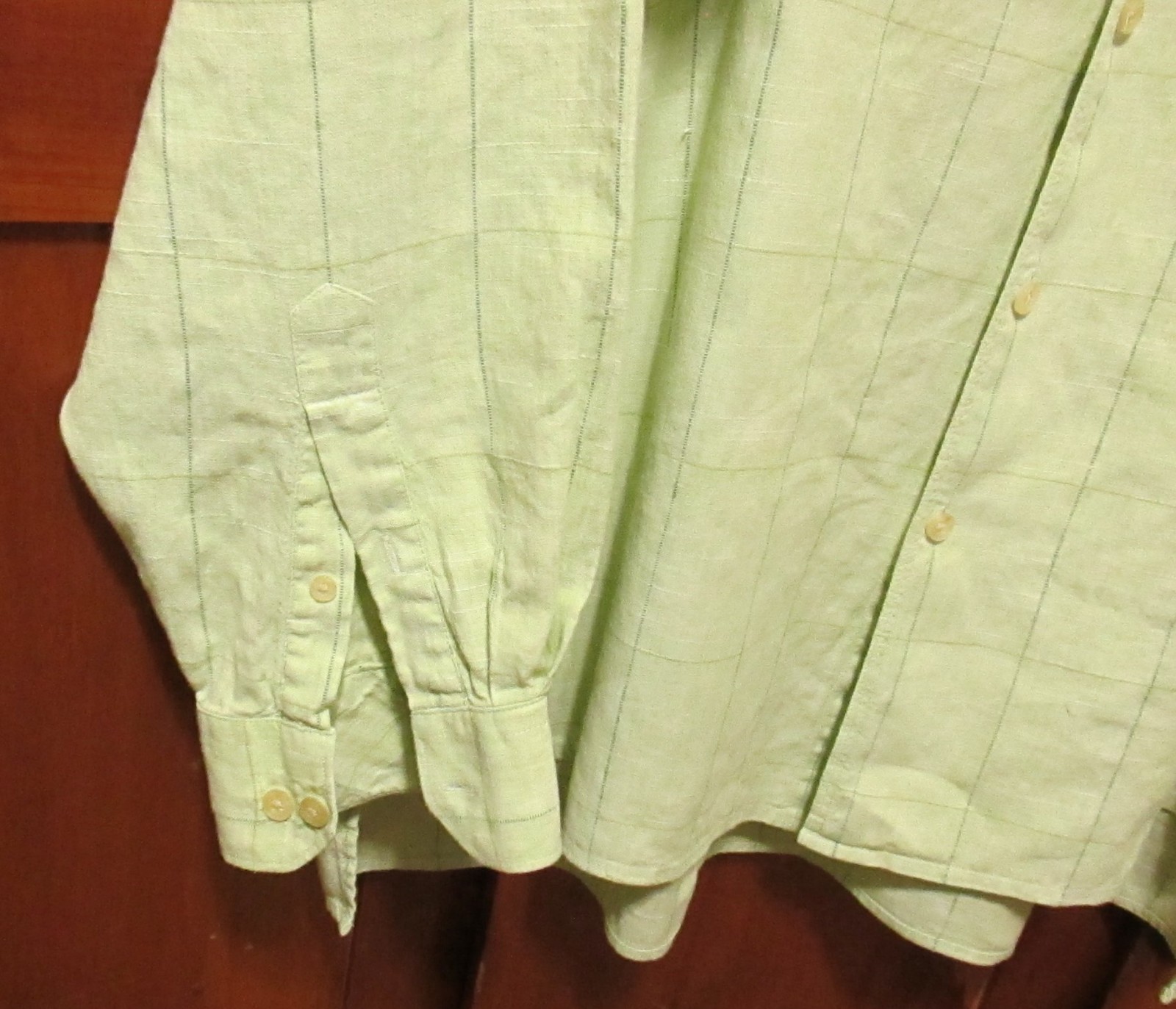 Geoffrey Beene Mens Shirt  XL ( 17-17.5) Green Linen Cotton Button Long Sleeves