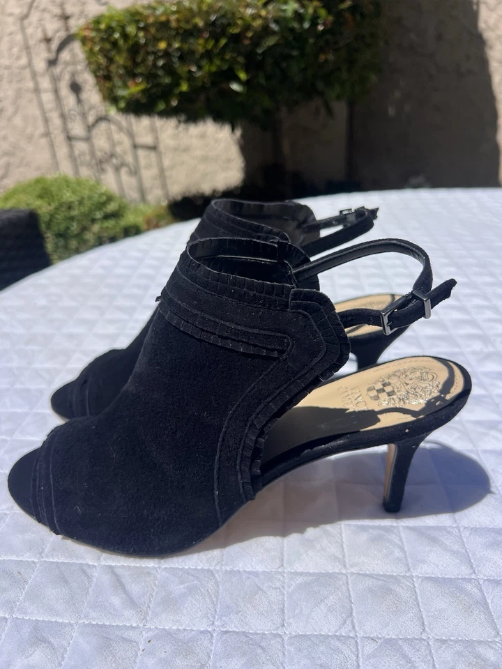 Vince Camuto Shorana Open Toe Fringed Slingback Heels Shoes Black Suede Sz 9.5 M - Image 2 of 4