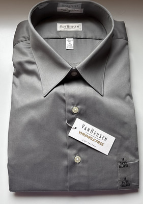 Men's XXL 18 34/35 GRAY Van Heusen LUX SATEEN Long Sleeve Shirt Wrinkle Free