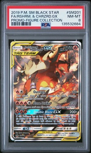 2019 POKEMON SM BLACK STAR PROMO #SM201 FULL ART/RESHIRAM & CHARIZARD GX PSA 8