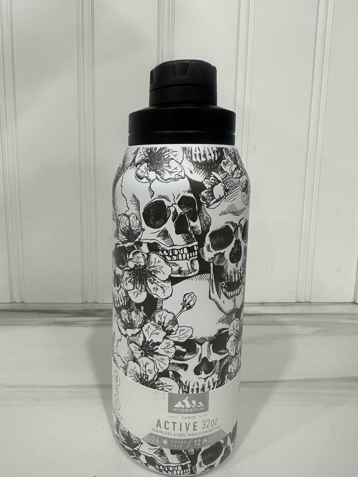 HydraPeak 32oz Insulated Stainless Steel Water Bottle with Skull and Flower Art
