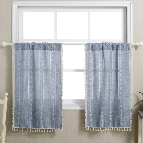 Boho Kitchen Curtains 36 Inch Length French Striped Farmhouse Vintage