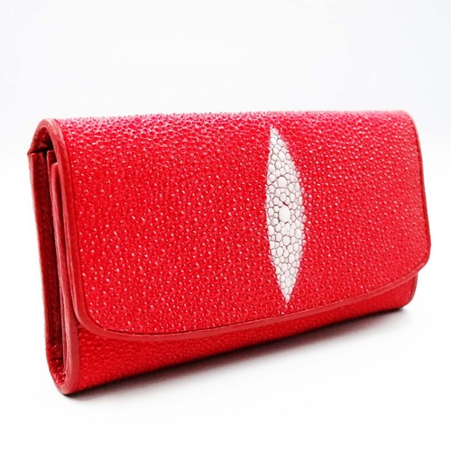 Nueva cartera sin asas de tres pliegues de cuero genuino rojo con piel de ray... - Imagen 3 de 13