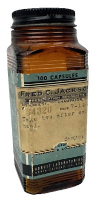 Vtg Apothecary Glass Medicine Jar Abbott Lab Fred C Jackson IL USA 1940s