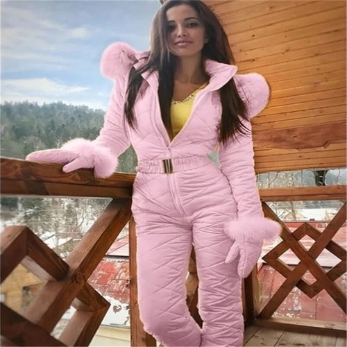 Women's Snowsuit One Piece Ski Suit Jumpsuits Fur Collar With Hood Ski Jackets - Picture 13 of 15