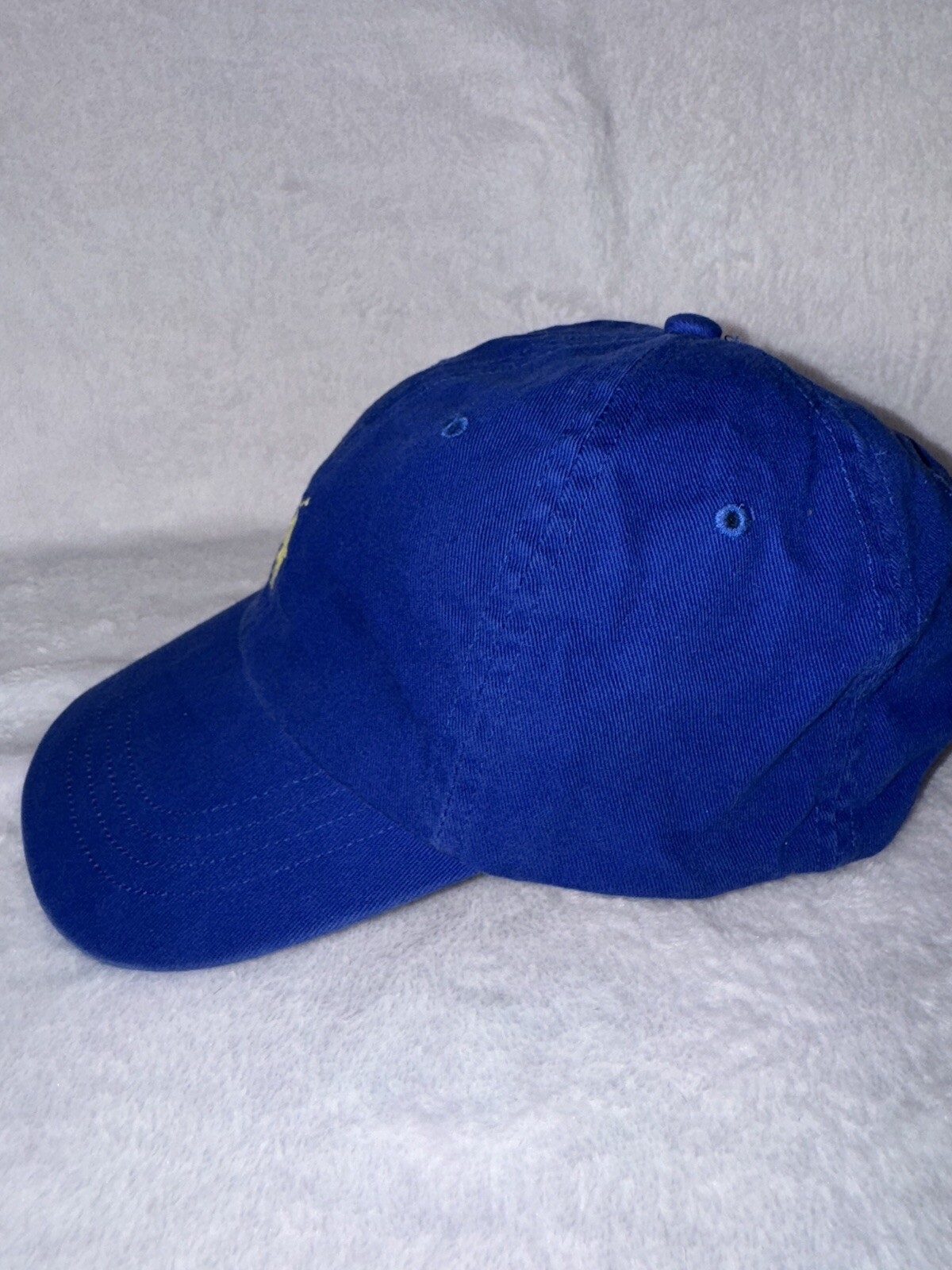 Cappello vintage Polo Ralph Lauren berretto pelle cinturino schiena cotone papà blu giallo pony