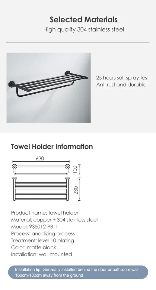 Toallero negro mate soporte accesorios de baño estante montado en la pared Foto 4 de 4