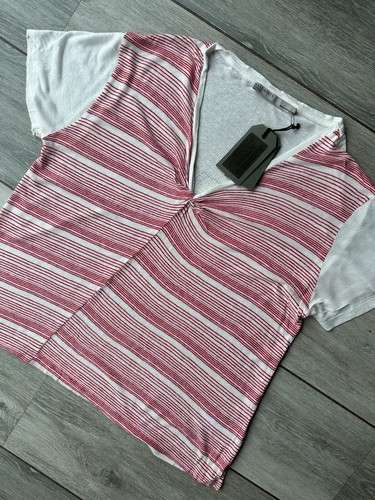 ALL SAINTS DAMEN-T-SHIRT KREIDE/PURROT ""ILI STREIFEN T-SHIRT TOP - MITTEL - £ 38