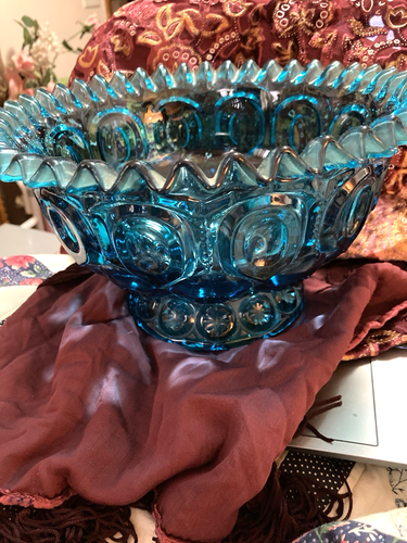 Vintage Blue LE Smith Moon and Stars Footed Bowl, Ruffled Edge 6 1/2"T 10 in"W - Picture 3 of 8