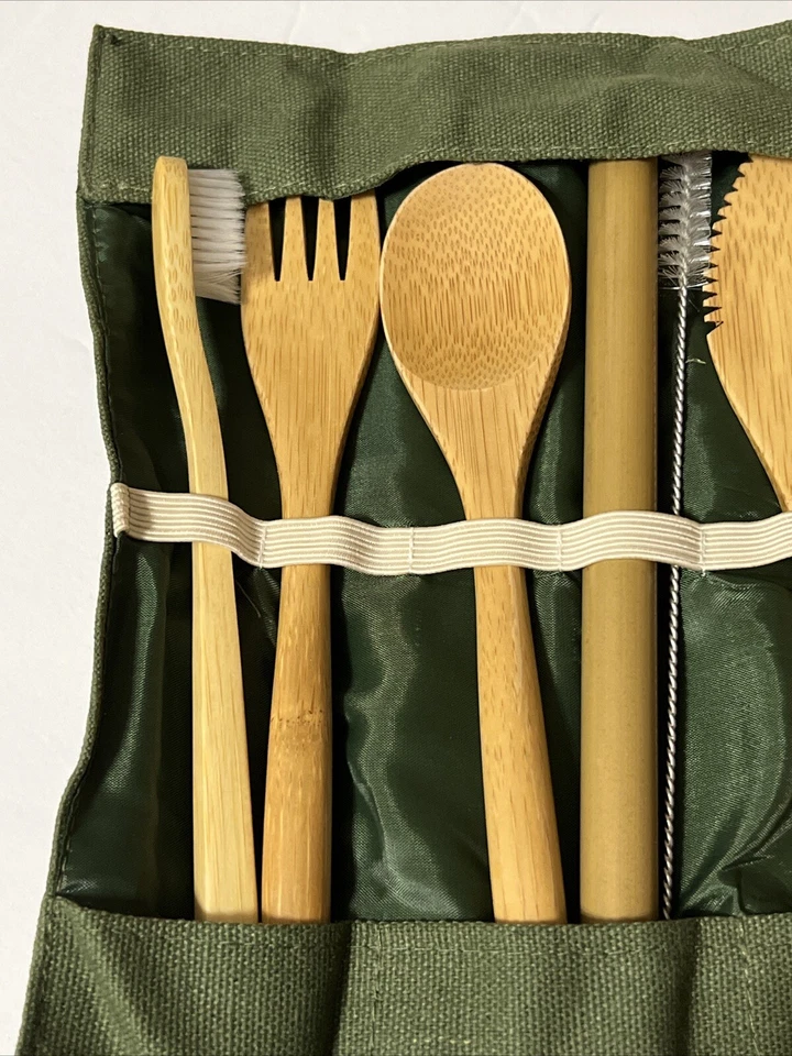 竹制餐具套装 8 件套可重复使用木制用具餐具带帆布盒新品 — 第 2/4 张图片
