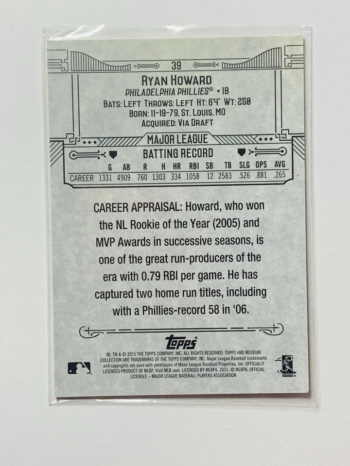 2015 Topps Museum Collection 39 Ryan Howard Philadelphia Phillies Copper - Image 2 of 2