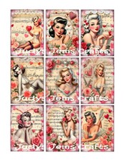 Retro Valentines Day Pinup Girls Set of 9 Collage Card Tops Junk Journals 306N
