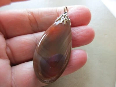 VINTAGE LARGE SILVER TONE RETRO OLD BROWN POLISHED STONE AGATE STATEMENT PENDANT - Image 1 of 2