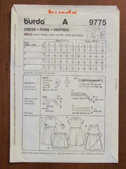 BURDA PATTERN - 9775 GIRL'S DRESS PETER PAN APRON PINAFORE OVERDRESS 2-6 UNCUT - Image 2 of 2