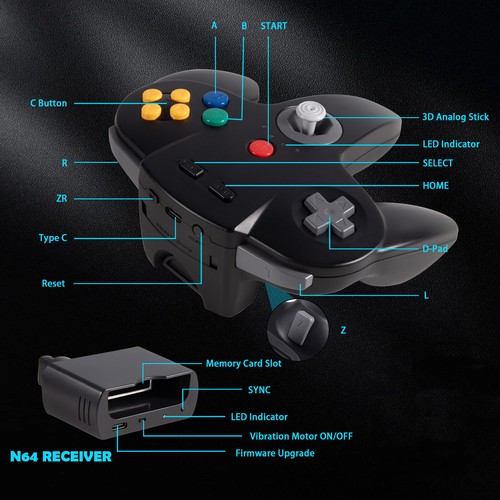 2.4G Wireless N64 Controller Joysticks for Nintendo 64 N64 Console w/ Rumble Pak - Picture 8 of 19