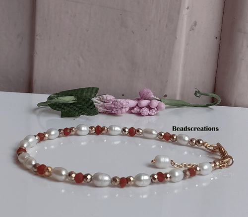 Natural White Pearl and Dark Carnelian Beads Bracelet Gift for  Everyone - Picture 4 of 5
