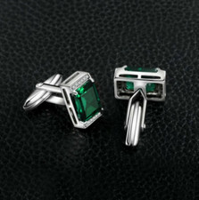 4CT Emerald Cut Lab Created Green Diamond Men's Cufflink 14K White Gold Plated