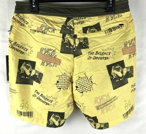 RVCA Nature Men's Boardshorts Size 32 Yellow Black Graphics Pockets - Picture 2 of 6