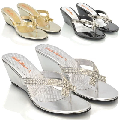 Womens Wedge Heel Flip Flops Sandals Diamante Sparkly Ladies Toe Post Shoes 3-9