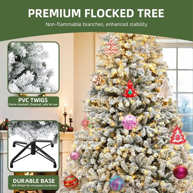 7.5FT Snow Flocked Pre-Lit Full Artificial Christmas Tree with Remote Control
