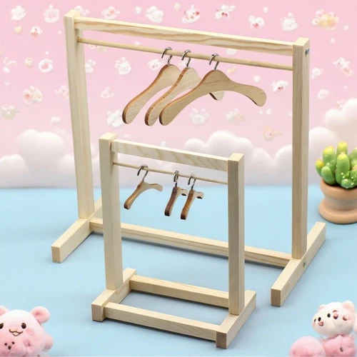 Doll Garment Rack for 17cm Doll Miniature Wood Clothes Rack with 6 Mini Hangers - Picture 1 of 8