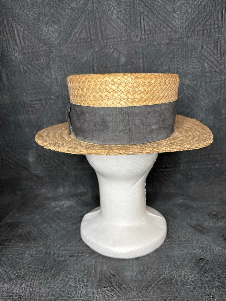 Chapéu barco vintage 1920s marrom fita palha iate náutico Gatsby Finchley May Co NY - Imagem 3 de 4