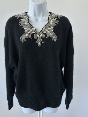 VTG IB Diffusion Sweater Wool Silk Angora Women Sz: L Black Silver Bead (b9)