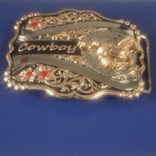 Men's Western Cowboy Horse Floral Belt Buckle Gold/Silver Tone Red Rhinestone