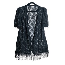 Vintage Speed Fashion Black Floral Lace Fringe Open Front Cardigan Made in USA 9