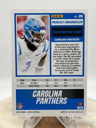 2025 Score Princely Umanmielen RC Base #86 Carolina Panthers Rookie - Bild 2 von 2