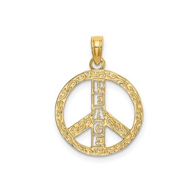 10k Yellow Gold Peace Sign Pendant Floral Engraved Boho Spiritual Symbol Unisex