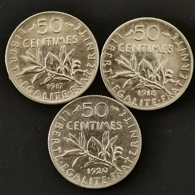 LOT 3 * 50 CENTIMES SEMEUSE ARGENT 835‰ 18,2mm 1917 1918 1920 (Total 7.44g) FRAN - Photo 1/2