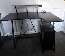 ODK L-Shaped Computer Desk Black with Monitor Shelf & Side Shelf