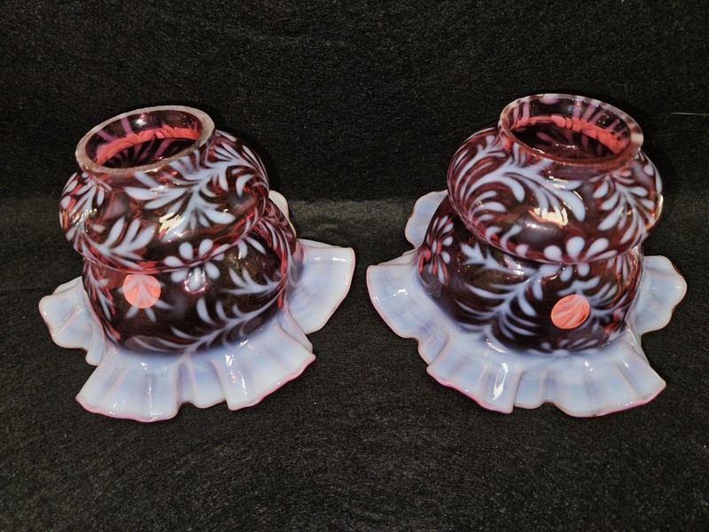 Fenton 95th Anniversary Cranberry Daisy & Fern 2" Fitter Lamp Shade Pair